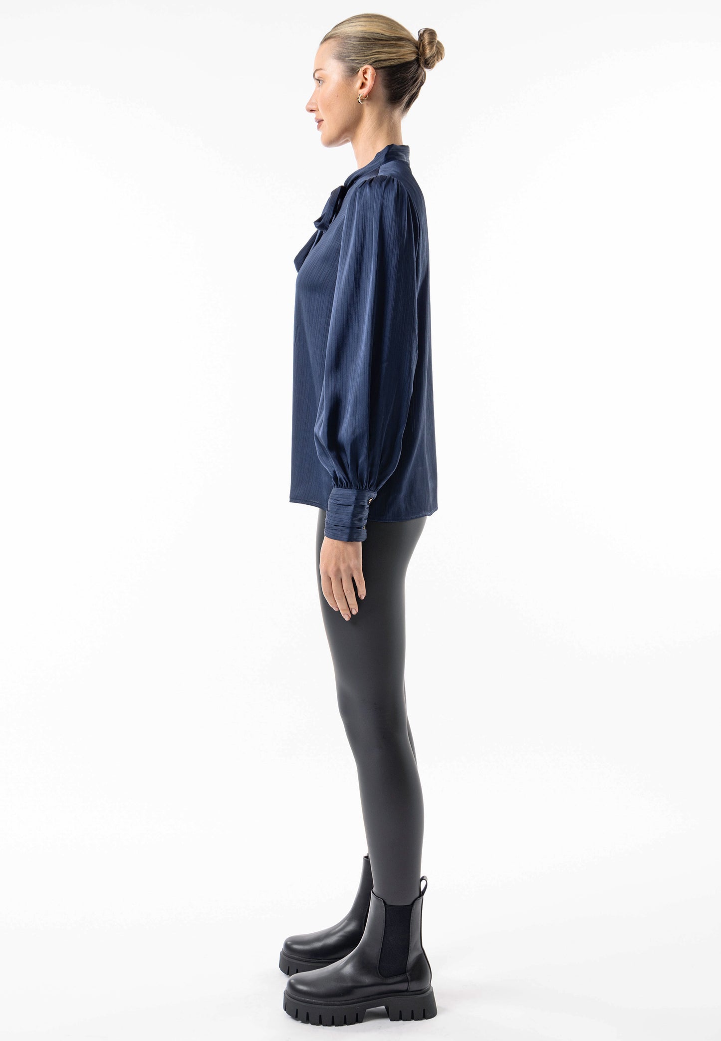 Satin Textured Tie Neck Blouse in Navy