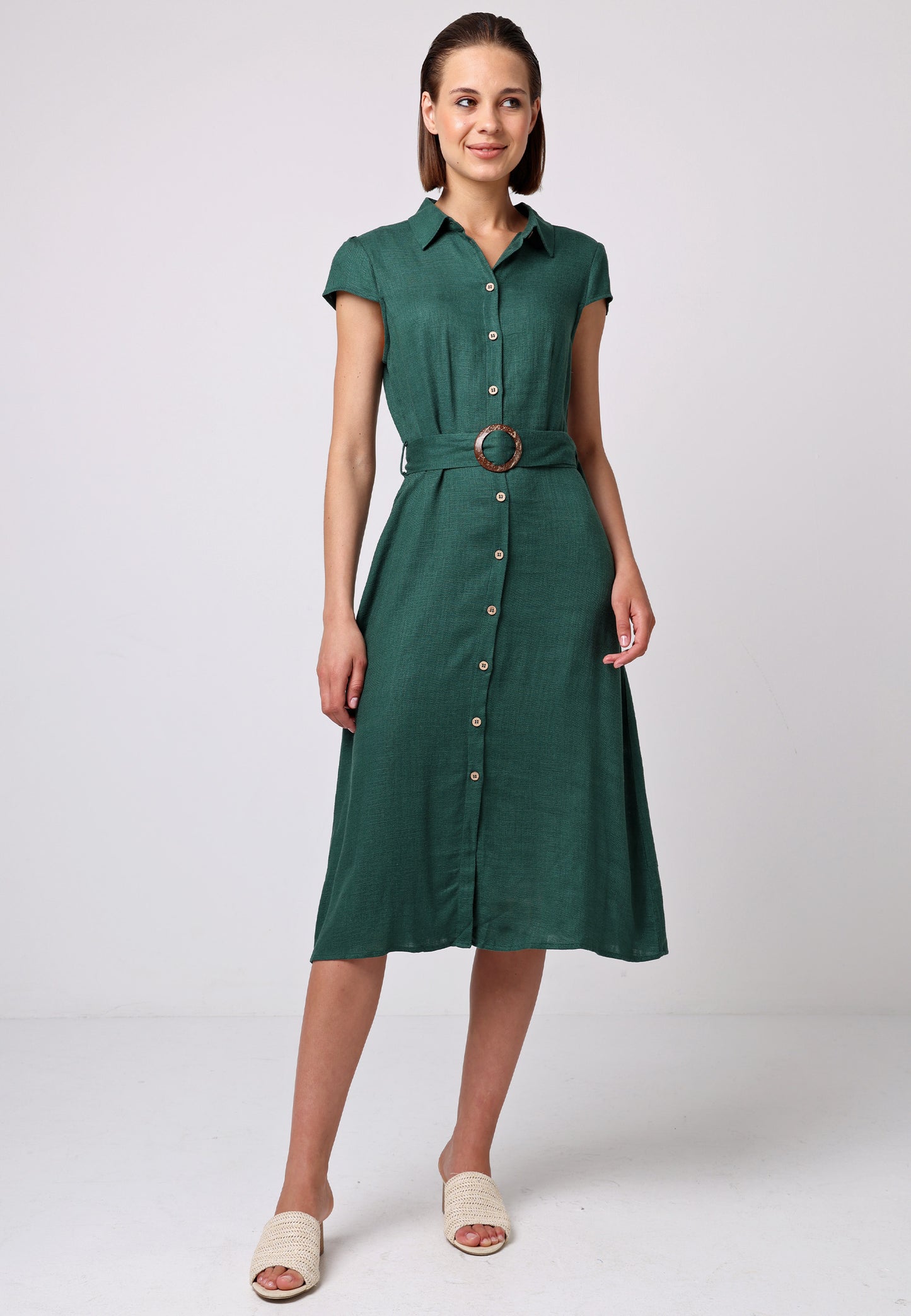 Linen Belted Shirt Dress in Green