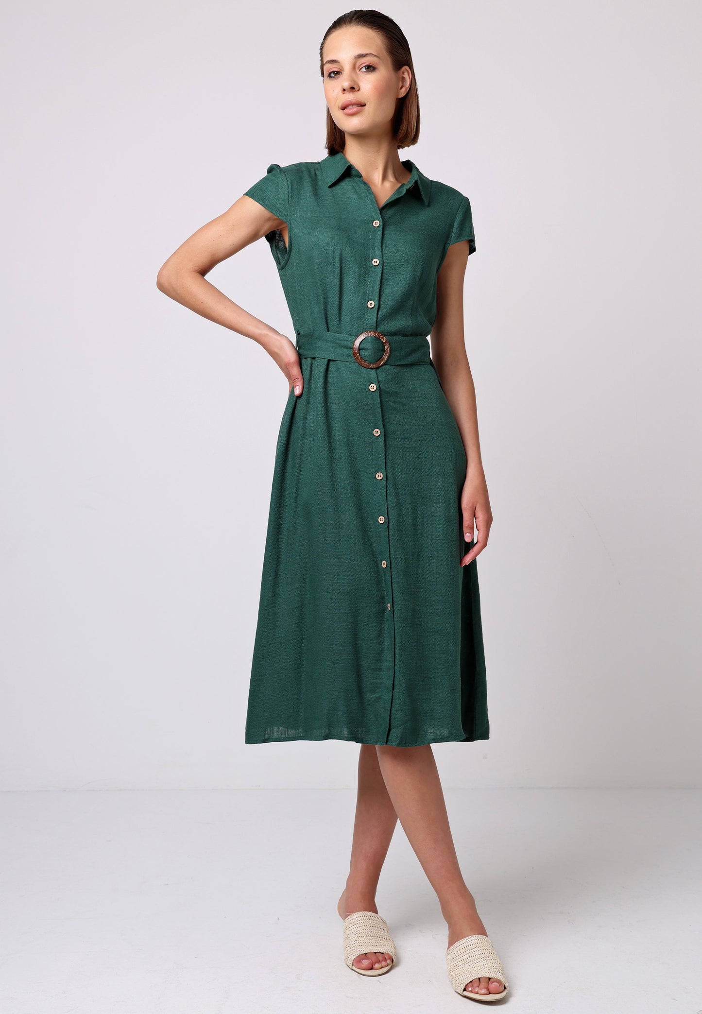 Linen Belted Shirt Dress in Green