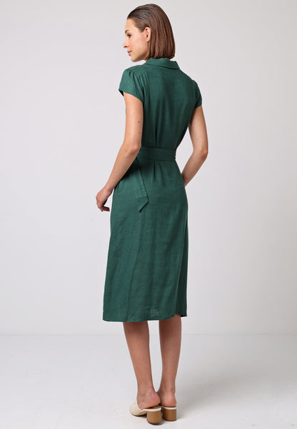 Linen Belted Shirt Dress in Green