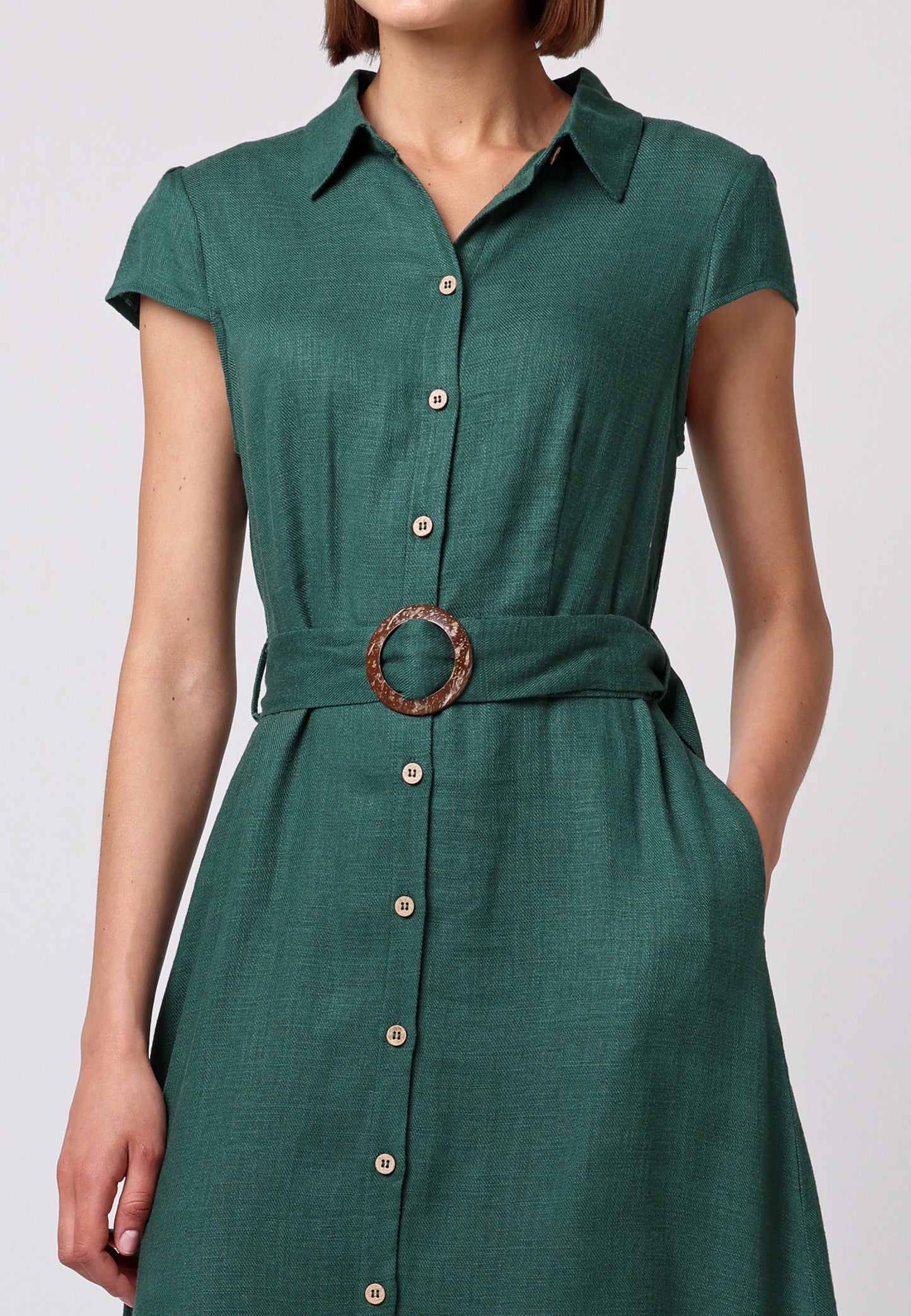 Linen Belted Shirt Dress in Green