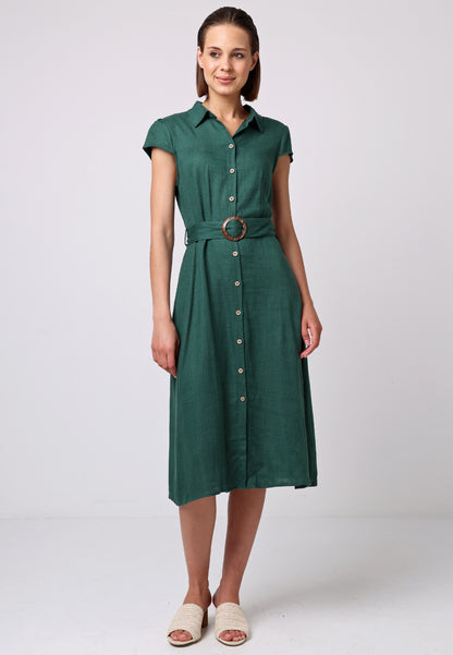 Linen Belted Shirt Dress in Green