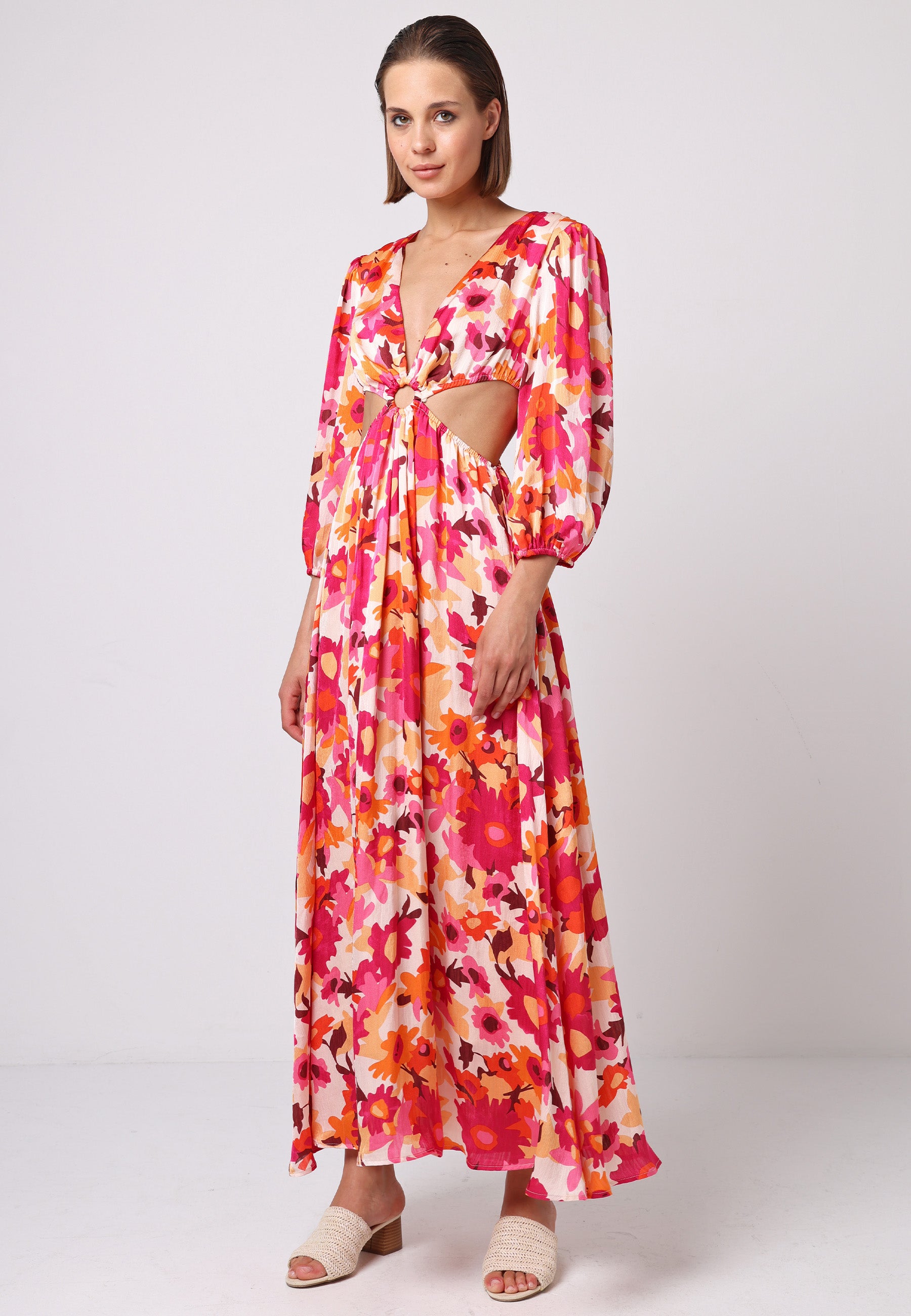 pink floral cut out maxi dress Cutout Frilly Maxi Dress