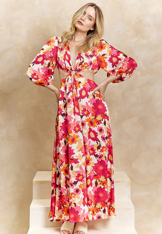 Side Cut Out Maxi Dress in Pink Floral