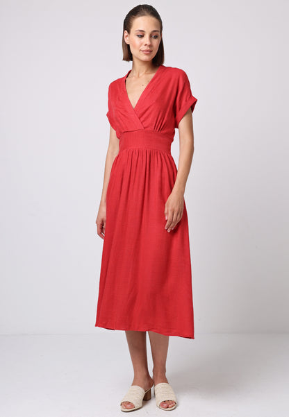 Linen Wrap Top A-line Midi Dress with Pockets in Red