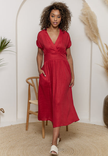 Linen Wrap Top A-line Midi Dress with Pockets in Red