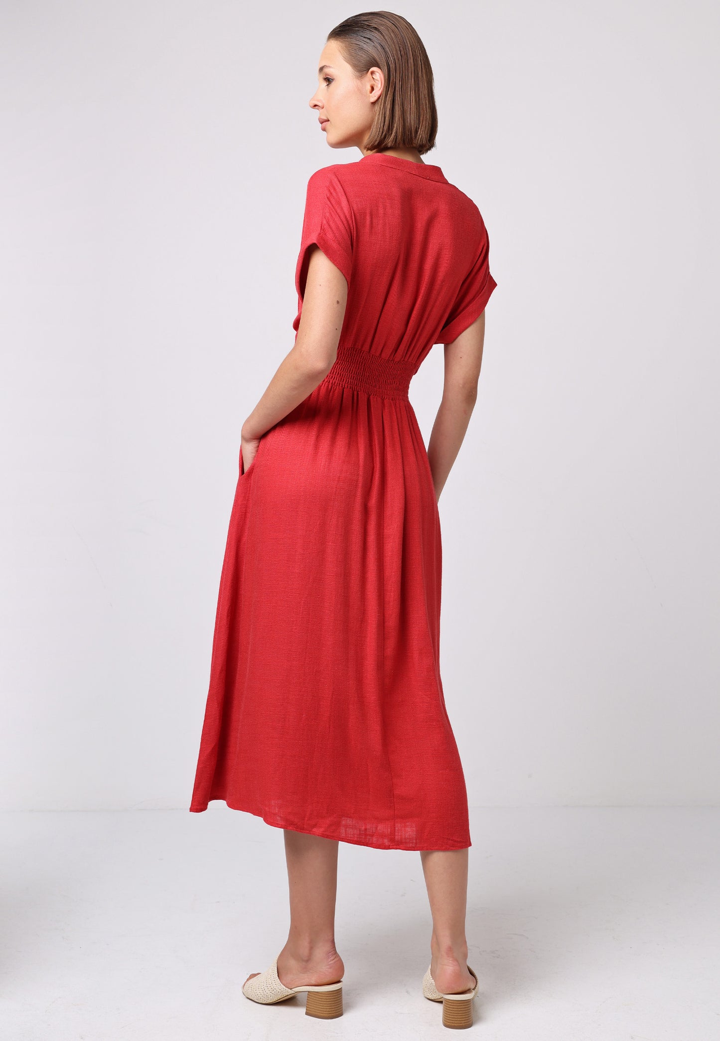 Linen Wrap Top A-line Midi Dress with Pockets in Red