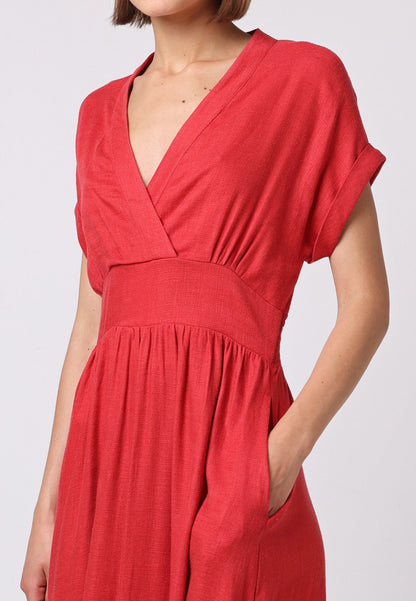 Linen Wrap Top A-line Midi Dress with Pockets in Red