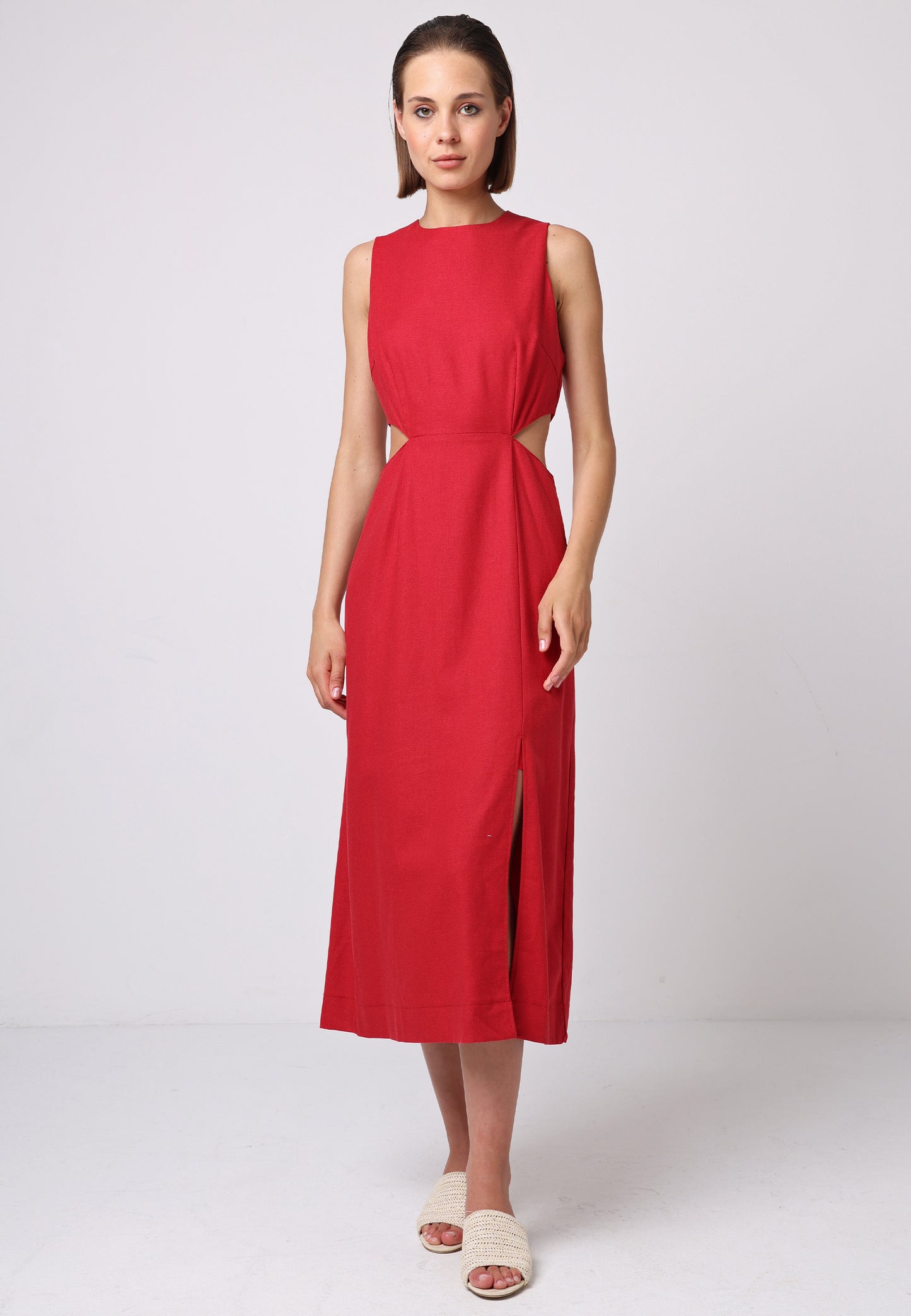 Linen Midi Dress with Side Cut Outs