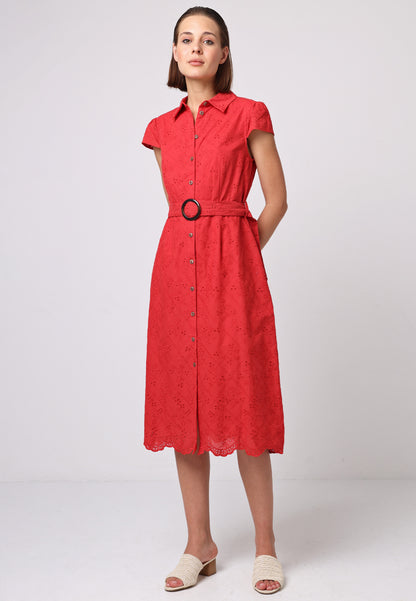 Cotton Belted Shirt Dress in Red Broderie