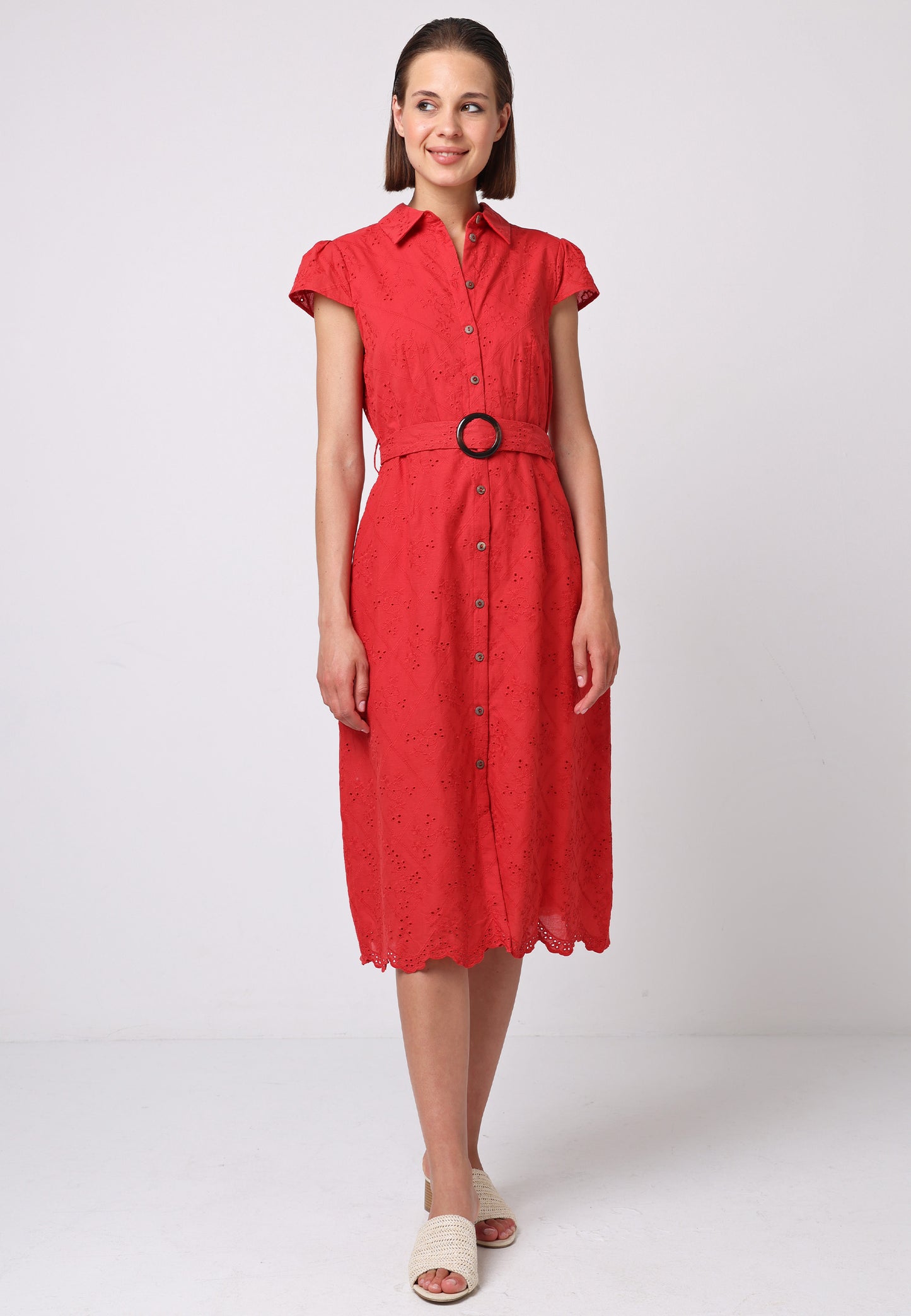 Cotton Belted Shirt Dress in Red Broderie