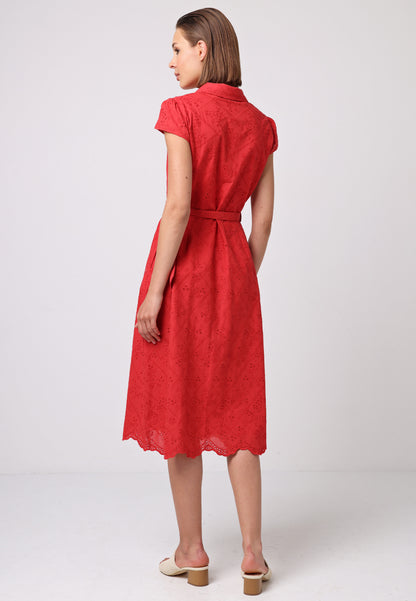 Cotton Belted Shirt Dress in Red Broderie