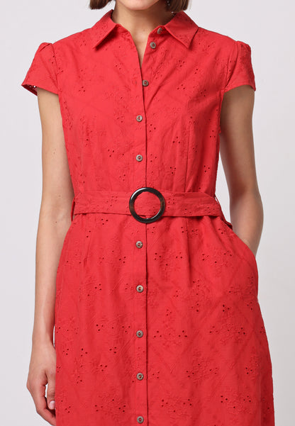 Cotton Belted Shirt Dress in Red Broderie