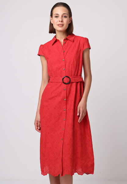 Cotton Belted Shirt Dress in Red Broderie