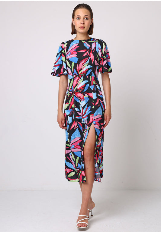 Angel Sleeves Midi Dress With Side Slit In Black Multi Print - ANGELEYE