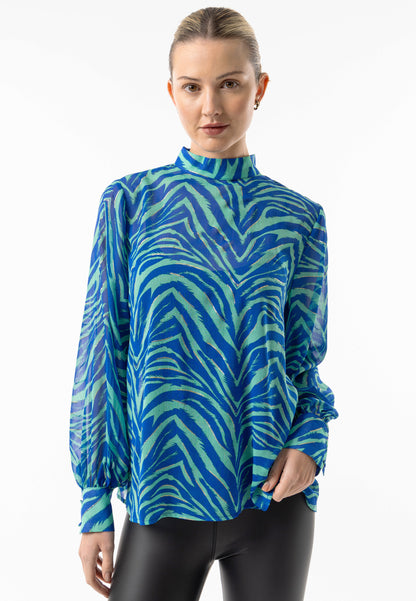 Zebra High Neck Chiffon Blouse in Blue - ANGELEYE