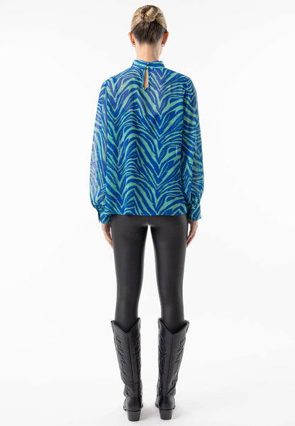 Zebra High Neck Chiffon Blouse in Blue - ANGELEYE