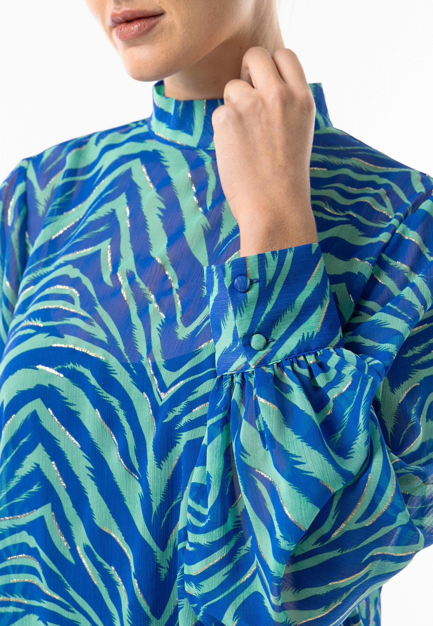 Zebra High Neck Chiffon Blouse in Blue