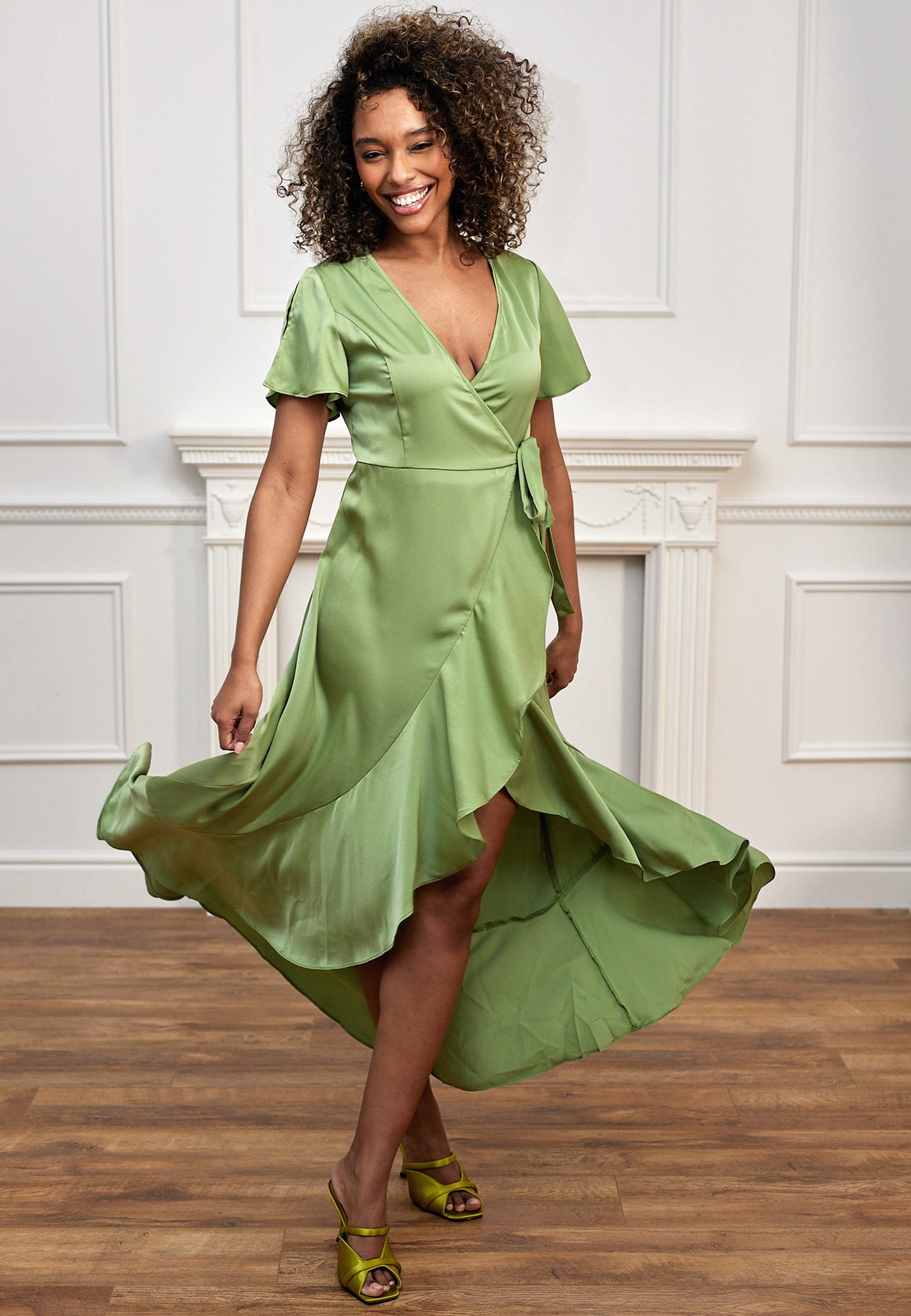 Satin Ruffle Wrap Midi Dress in Sage Green