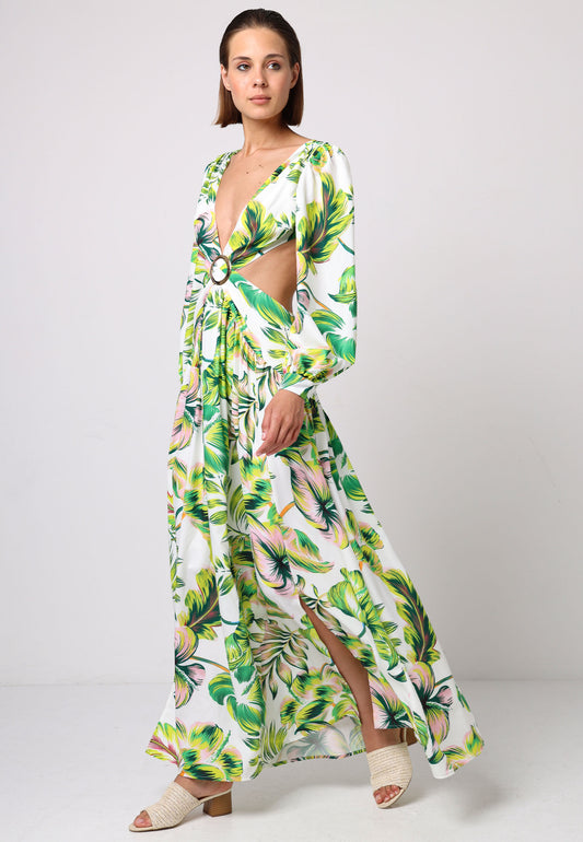 Cut Out Open Back Maxi Dress With Golden Buckle In Tropical Print - ANGELEYE