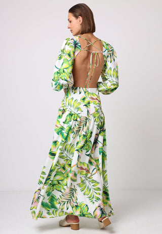 Cut Out Open Back Maxi Dress With Golden Buckle In Tropical Print - ANGELEYE