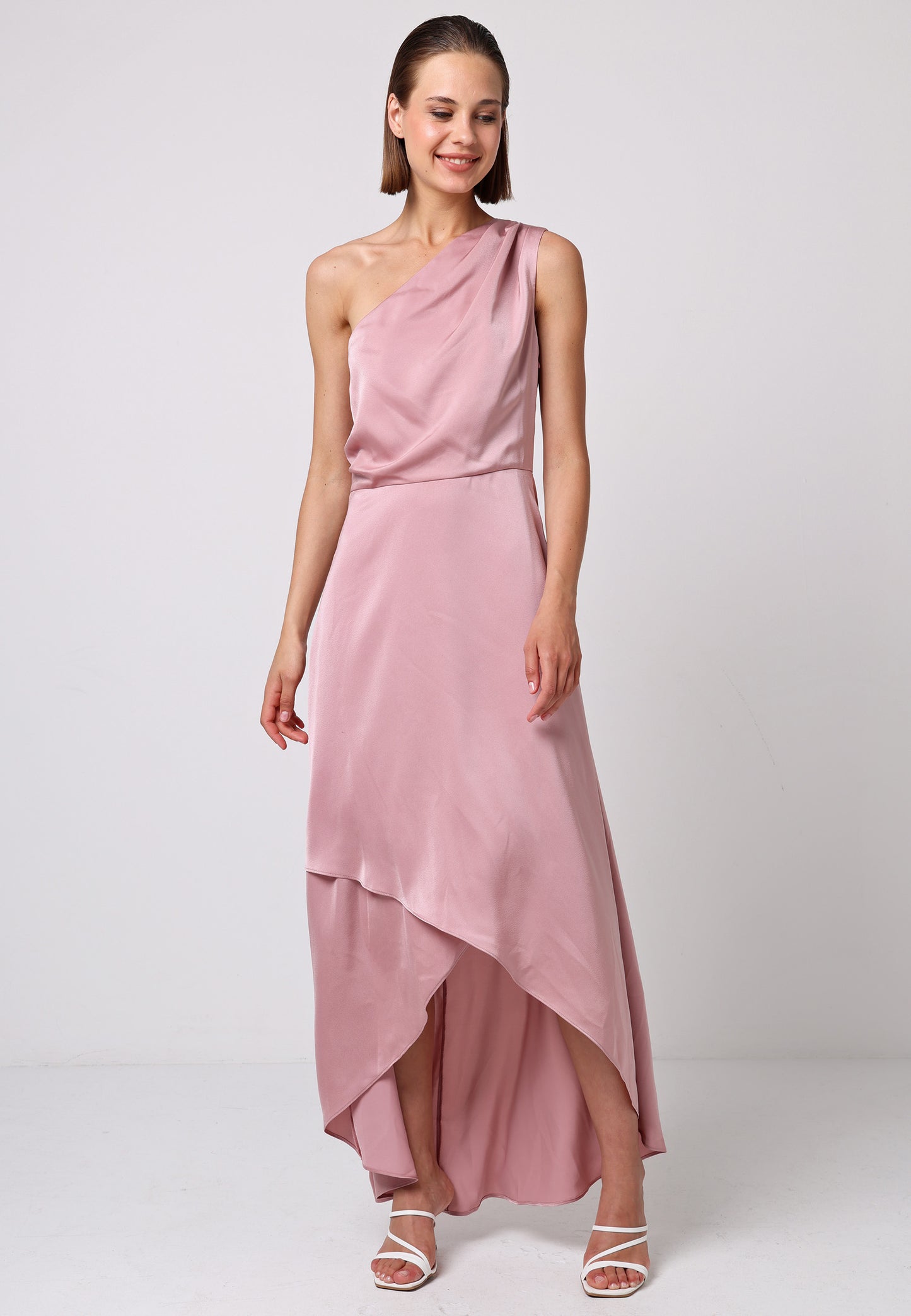 Satin One Shoulder Midi Dress with Wrap Skirt in Dusty Pink