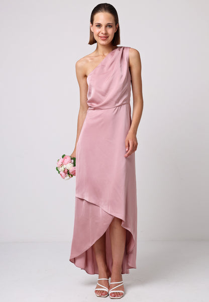 Satin One Shoulder Midi Dress with Wrap Skirt in Dusty Pink