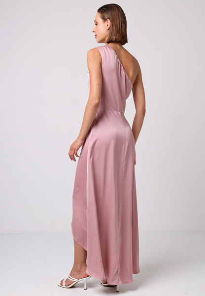 Satin One Shoulder Midi Dress with Wrap Skirt in Dusty Pink