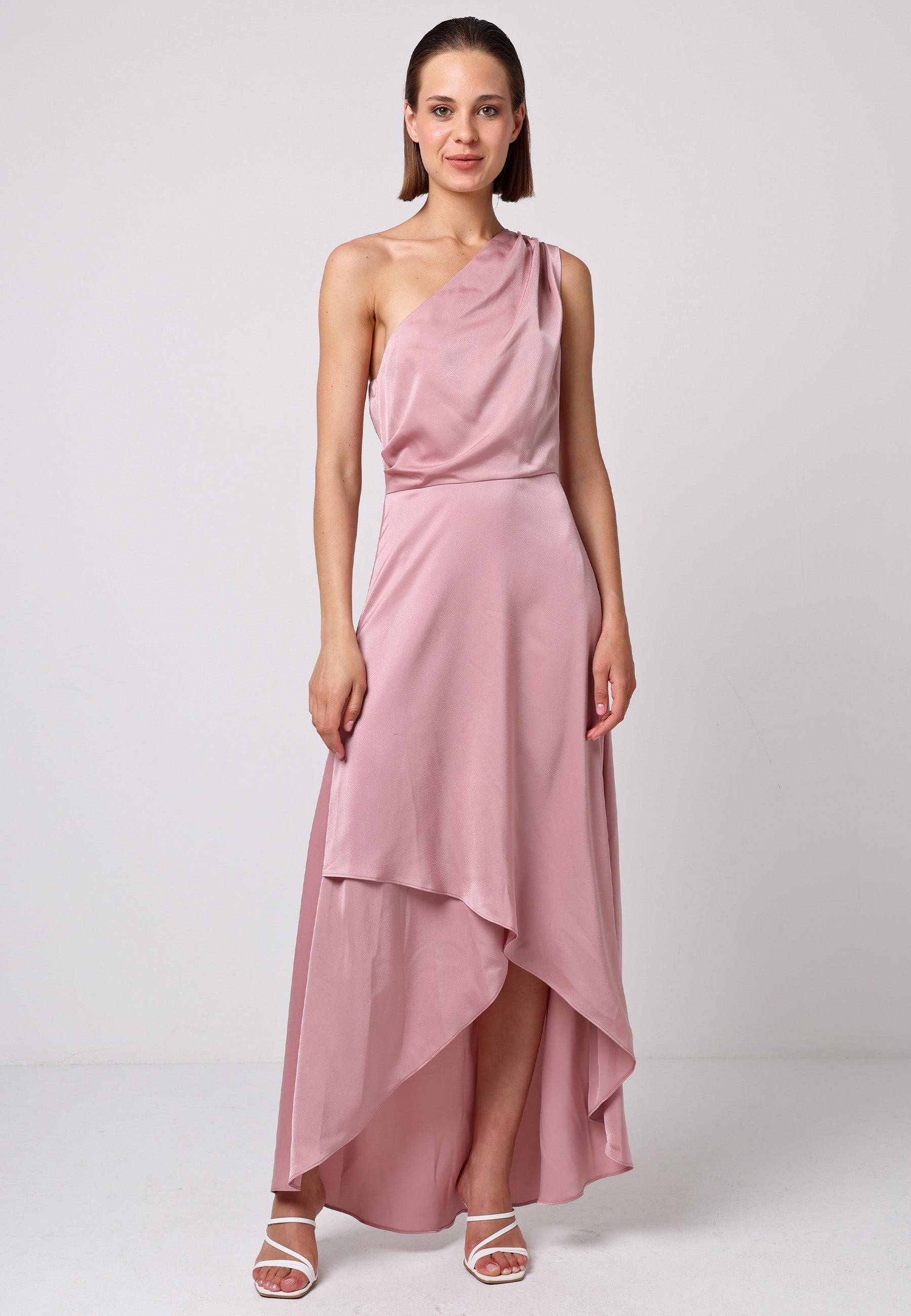 Satin One Shoulder Midi Dress in Dusty Pink | ANGELEYE Satin One Shoulder Midi Dress in Dusty Pink | ANGELEYE