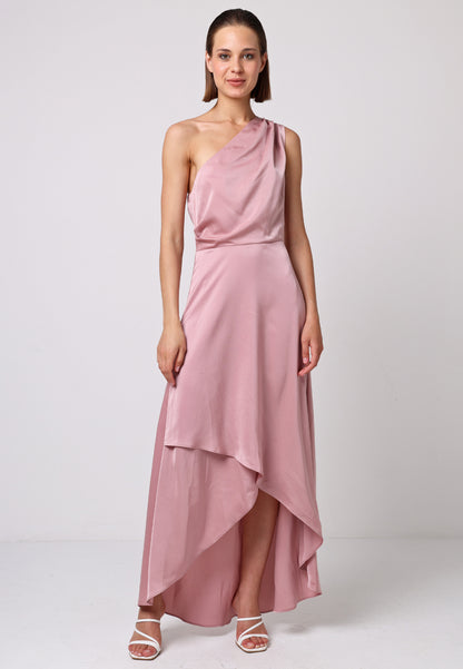 Satin One Shoulder Midi Dress with Wrap Skirt in Dusty Pink