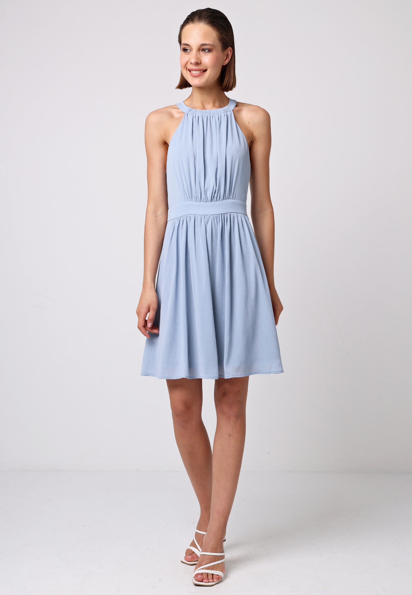 Chiffon Halter Neck Mini Dress in Dusty Blue