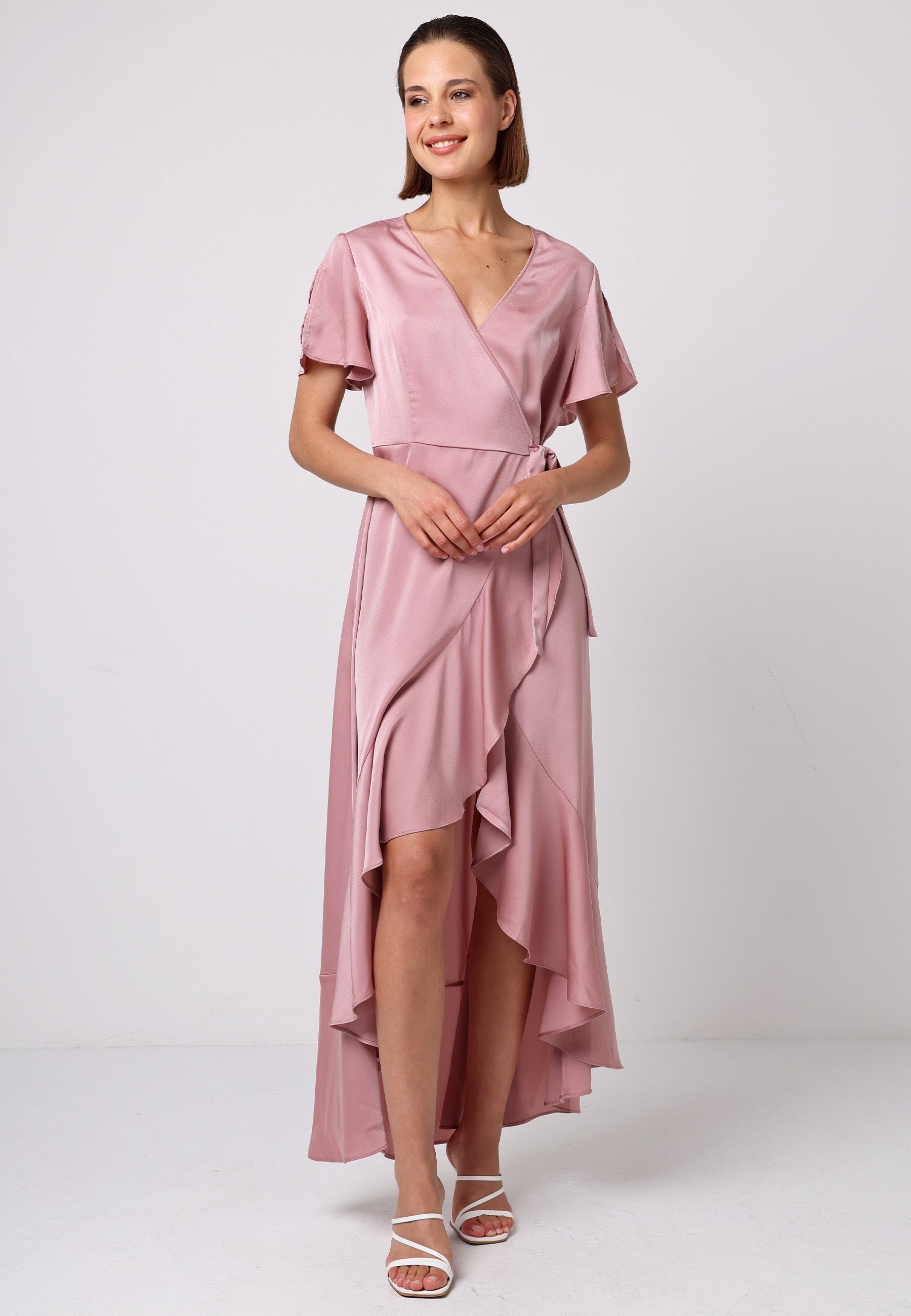 Satin Ruffle Wrap Midi Dress in Dusty Pink Satin Ruffle Wrap Midi Dress in Dusty Pink