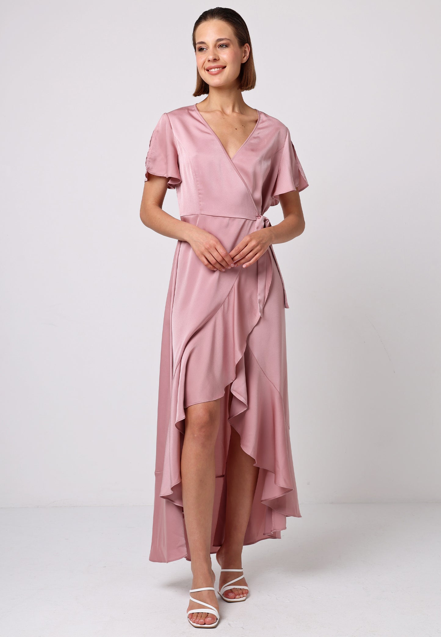 Satin Ruffle Wrap Midi Dress in Dusty Pink