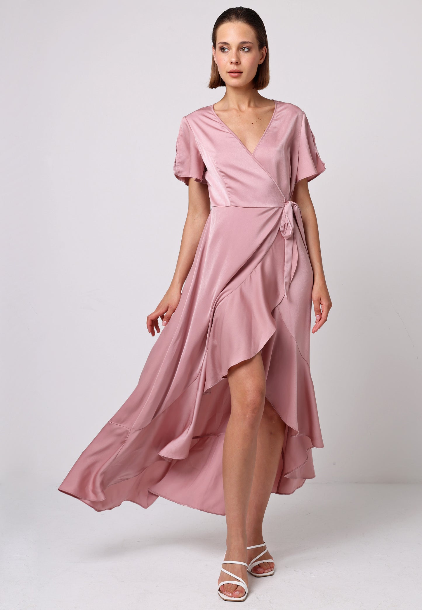 Satin Ruffle Wrap Midi Dress in Dusty Pink