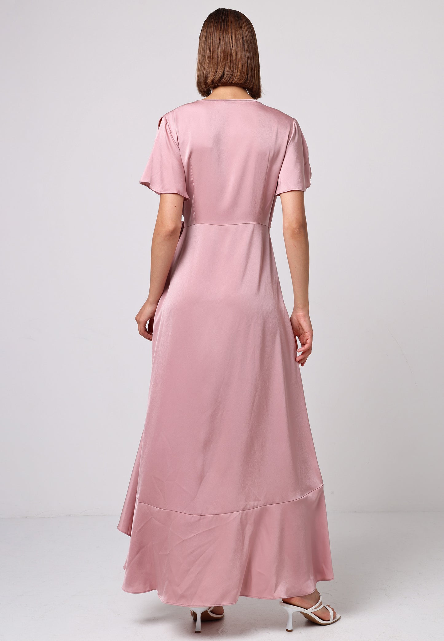 Satin Ruffle Wrap Midi Dress in Dusty Pink