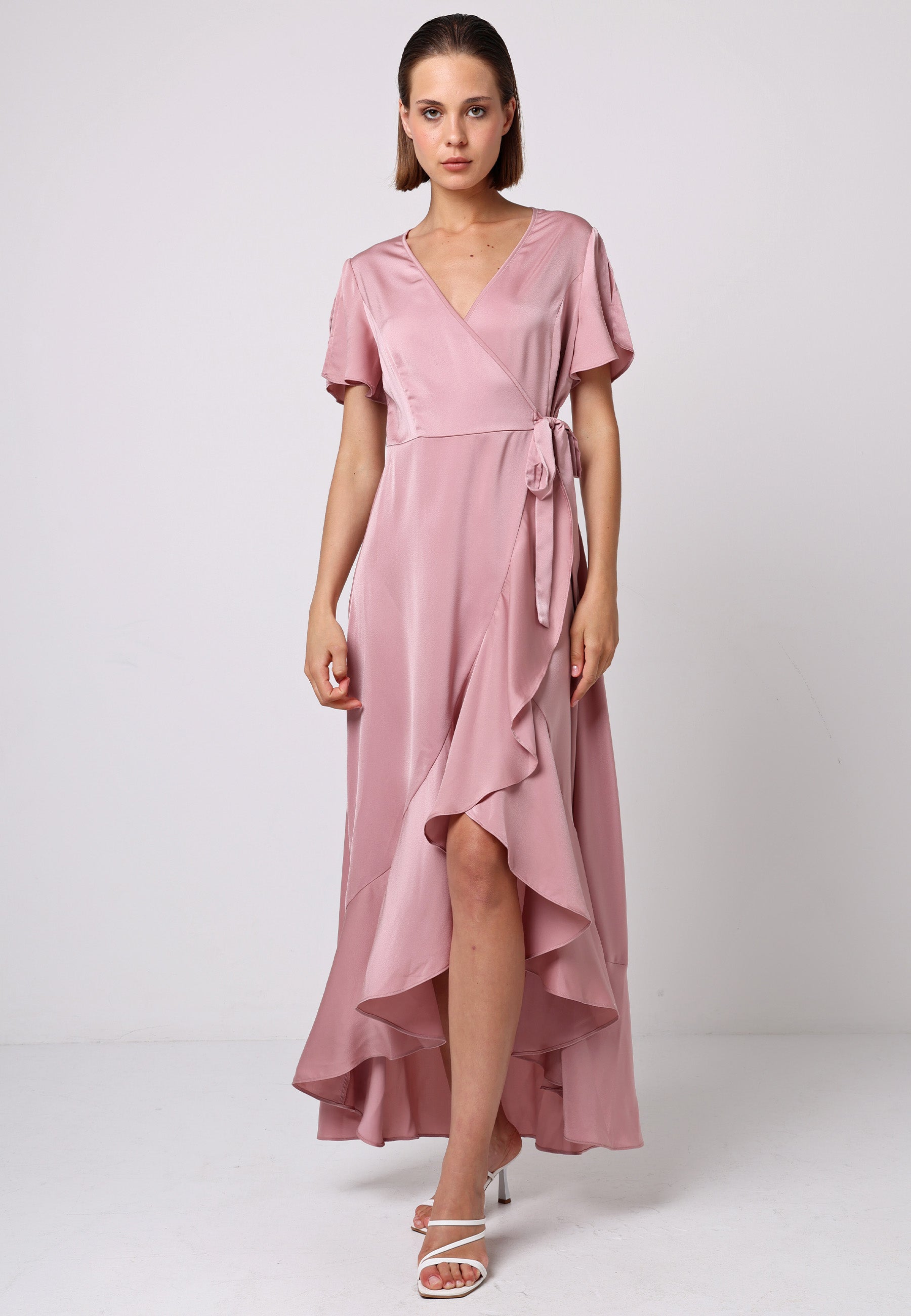 Satin Ruffle Wrap Midi Dress in Dusty Pink ANGELEYE