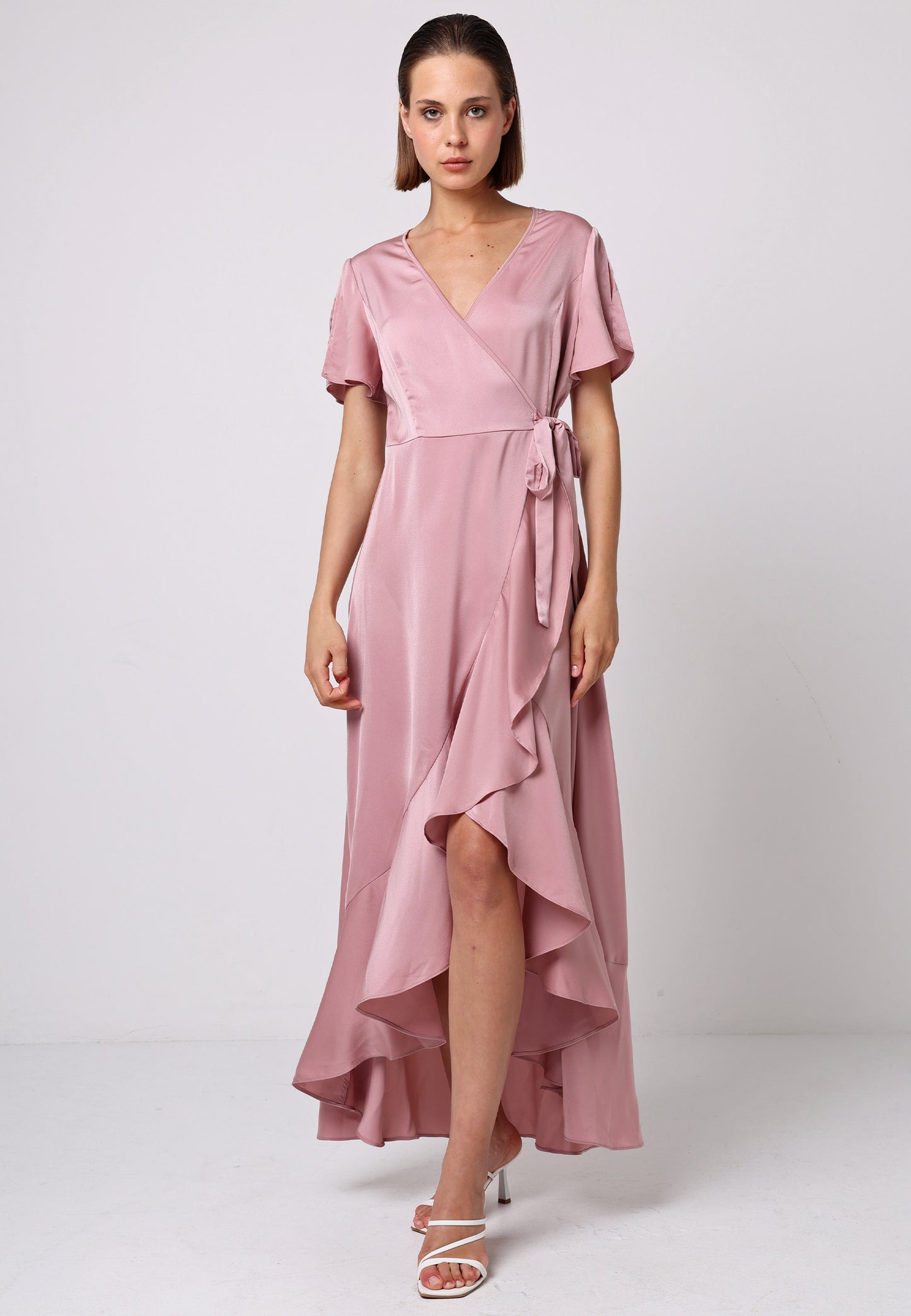 Satin Ruffle Wrap Midi Dress in Dusty Pink