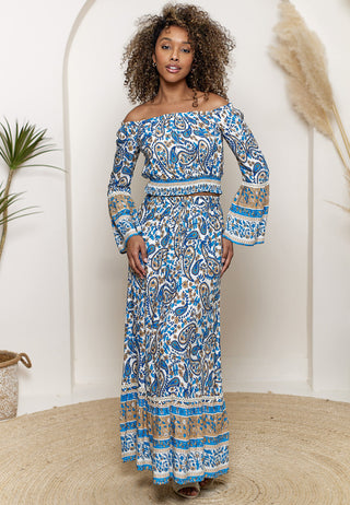 Bardot Top Maxi Skirt Co-ord in Blue Boho Print
