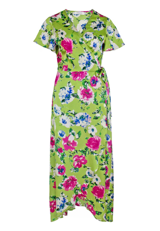 Tie Wrap Angel Sleeve Dress in Green Floral Print