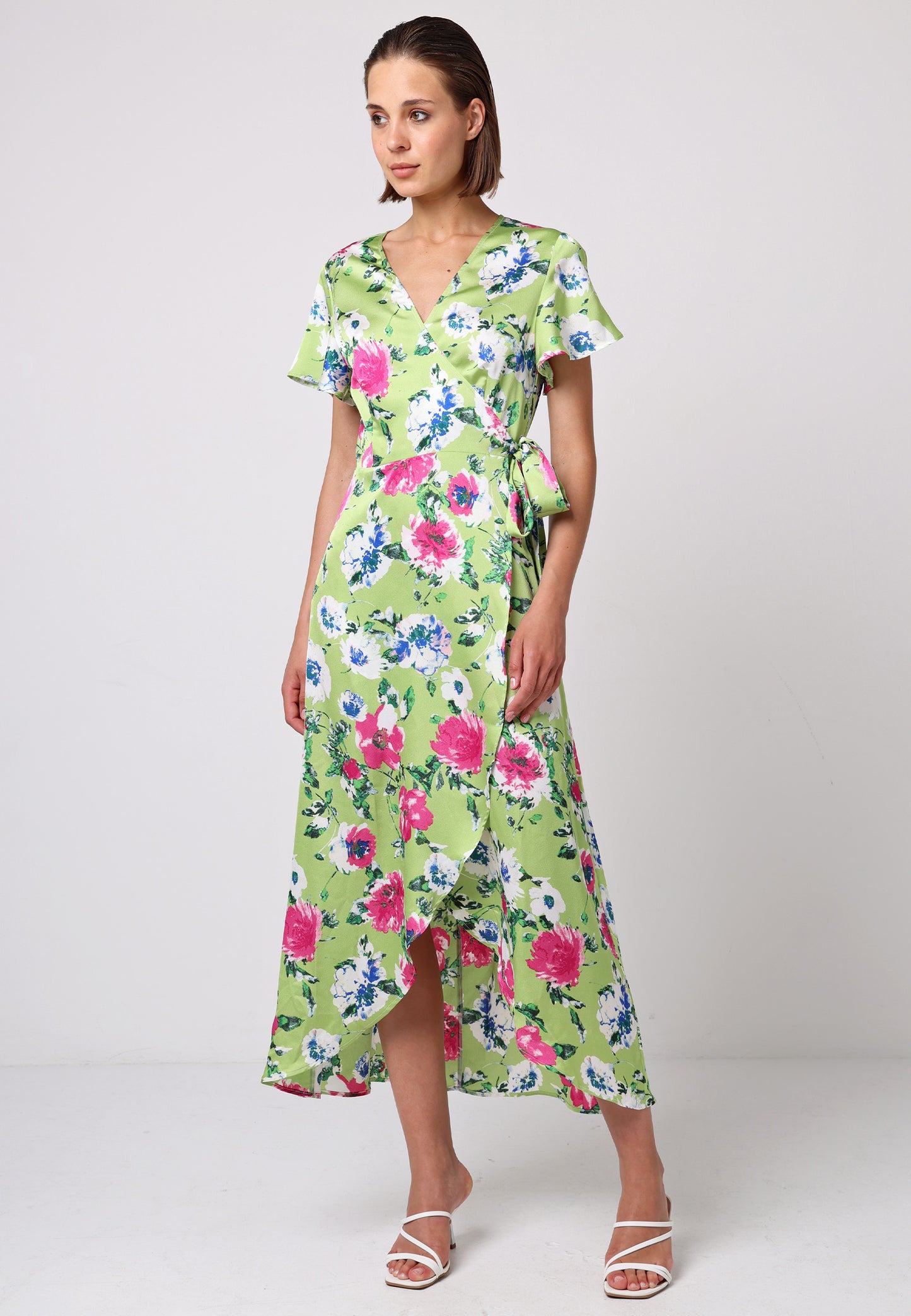 Angel Sleeve Tie Wrap Dress in Green Floral Print