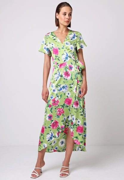 Angel Sleeve Tie Wrap Dress in Green Floral Print