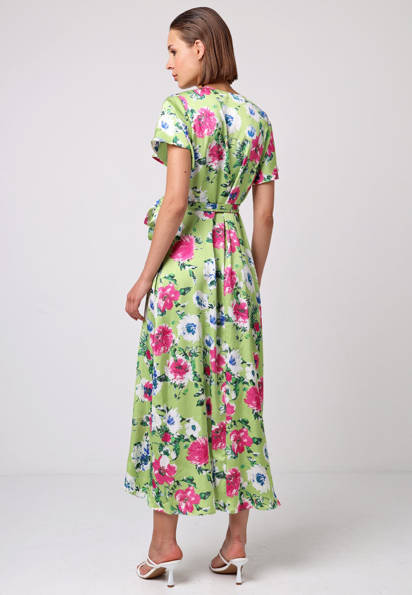 Angel Sleeve Tie Wrap Dress in Green Floral Print