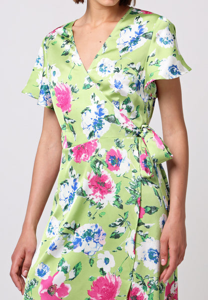 Angel Sleeve Tie Wrap Dress in Green Floral Print