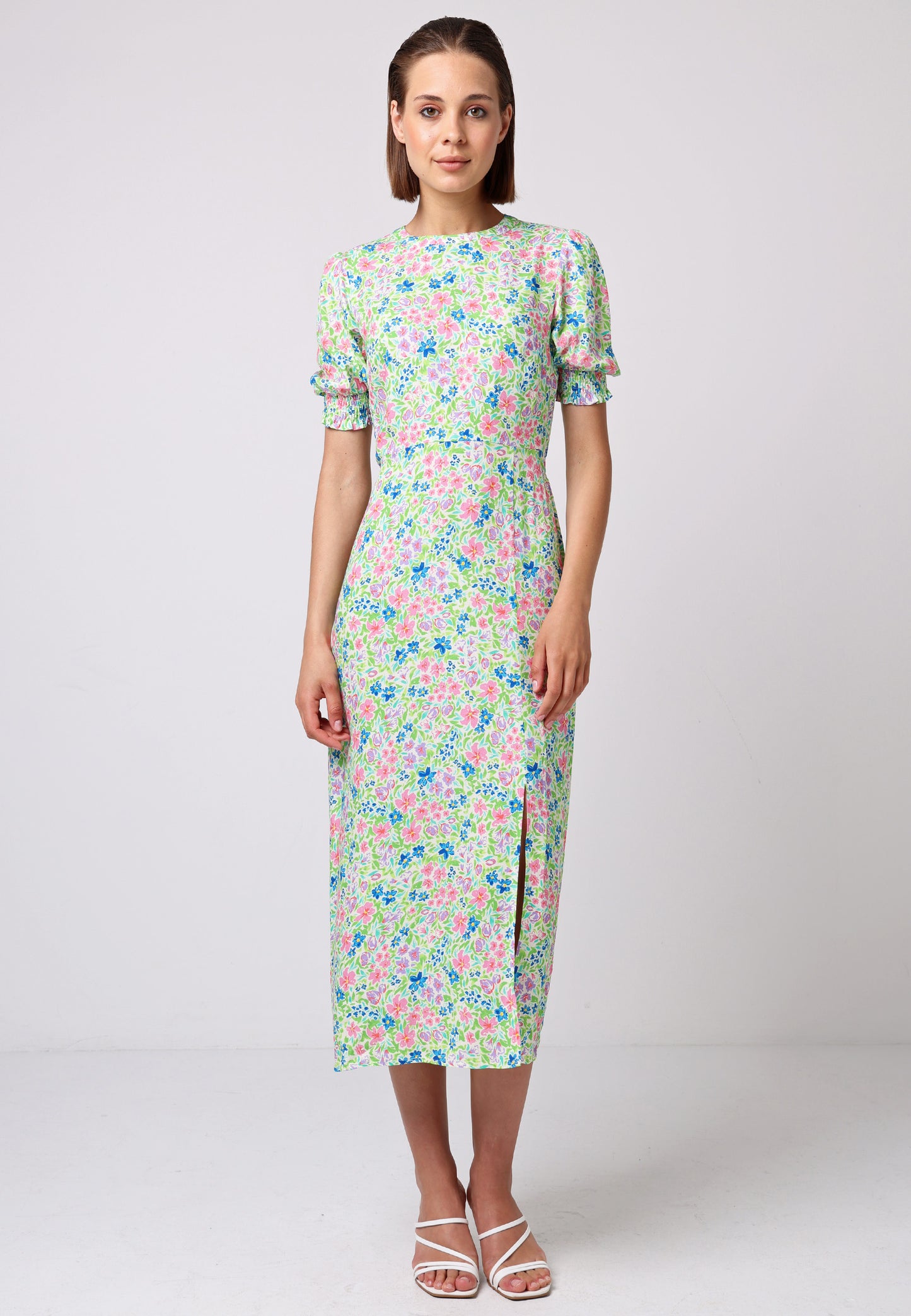 Short Sleeve Midi Dress With Leg Slit In Green Floral Print