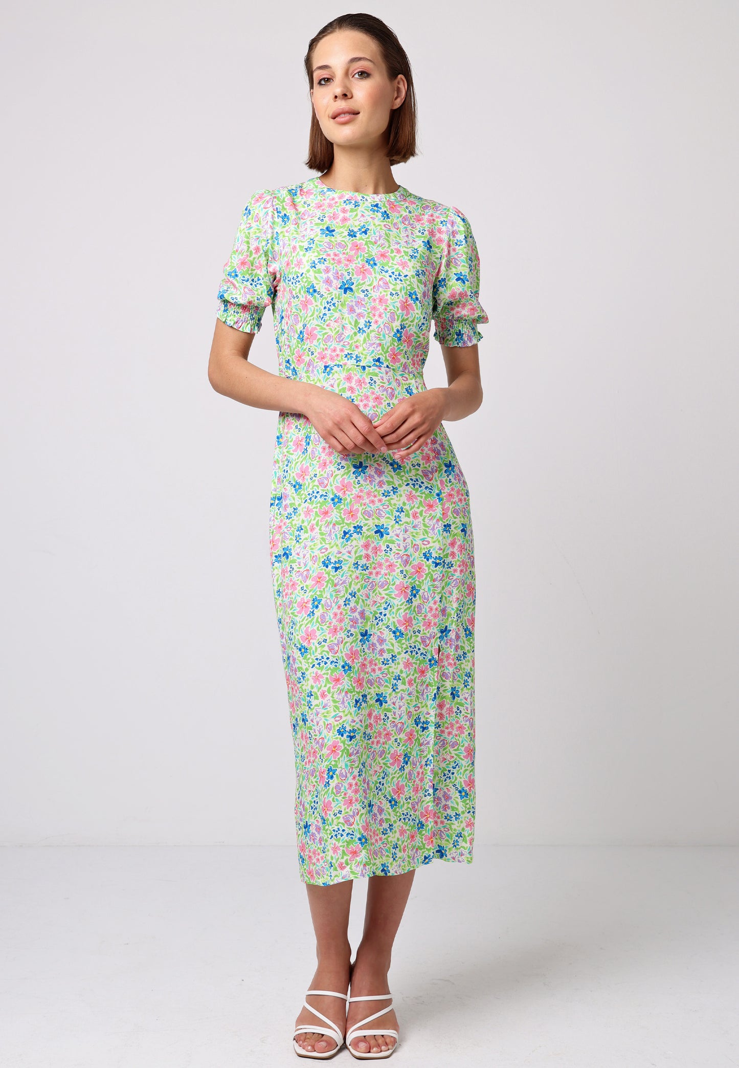 Short Sleeve Midi Dress With Leg Slit In Green Floral Print