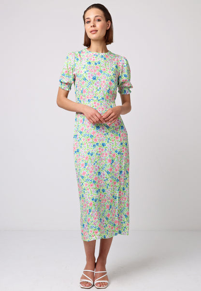 Short Sleeve Midi Dress With Leg Slit In Green Floral Print