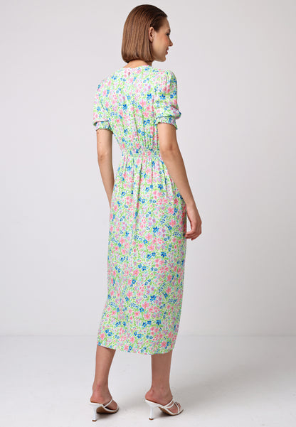 Short Sleeve Midi Dress With Leg Slit In Green Floral Print