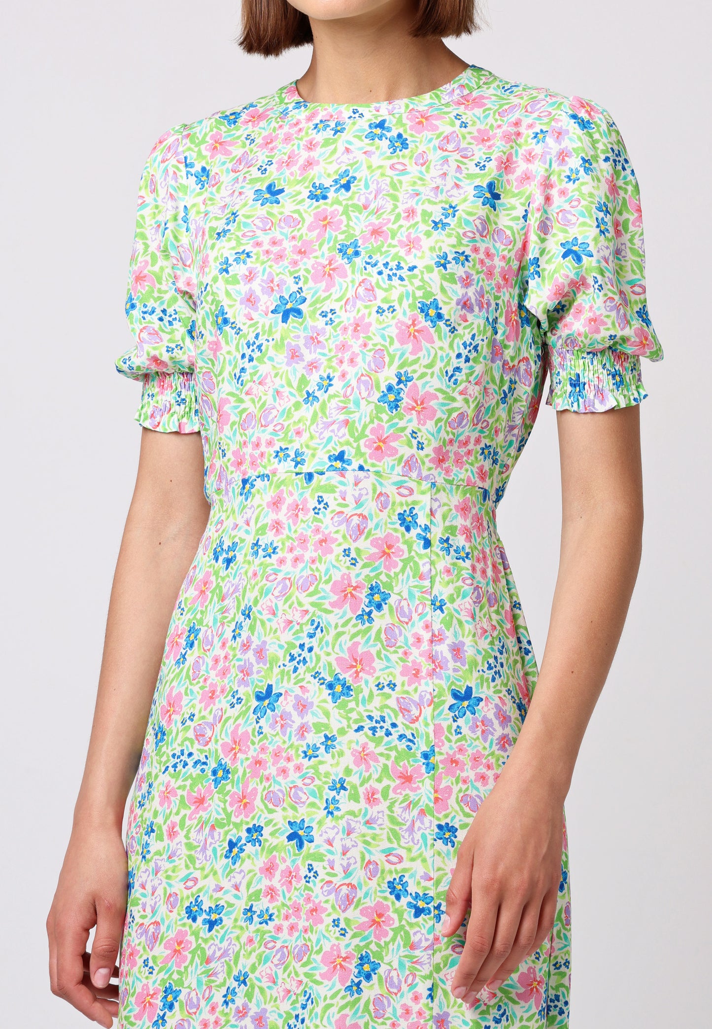 Short Sleeve Midi Dress With Leg Slit In Green Floral Print