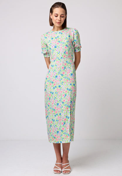 Short Sleeve Midi Dress With Leg Slit In Green Floral Print