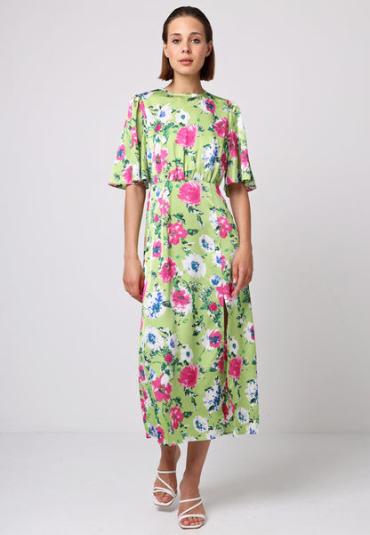 Angel Sleeves Midi Dress with Side Slit in Green Floral Print